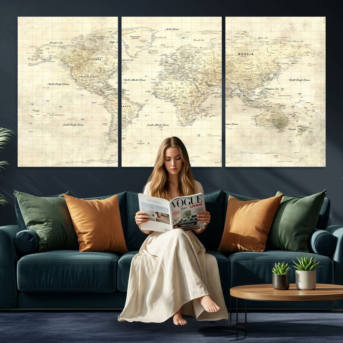 17101439-MGV-CV-36X24 - World Map Wall Art Canvas Print, Modern Decorative Framed Map Artwork Prints for Living Room, Office, Bedroom Wall Decor