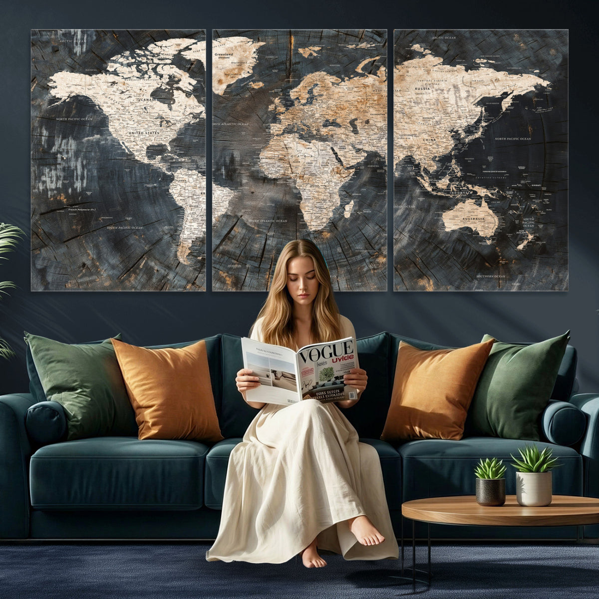 89162112-MGV-CV-36X24 - World Map Wall Art Canvas Print, Modern Decorative Framed Map Artwork Prints for Living Room, Office, Bedroom Wall Decor