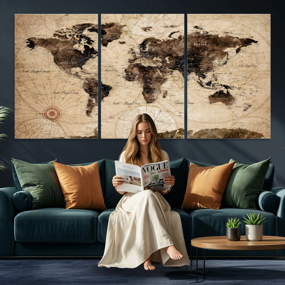 47657418-MGV-CV-36X24 - World Map Wall Art Canvas Print, Modern Decorative Framed Map Artwork Prints for Living Room, Office, Bedroom Wall Decor