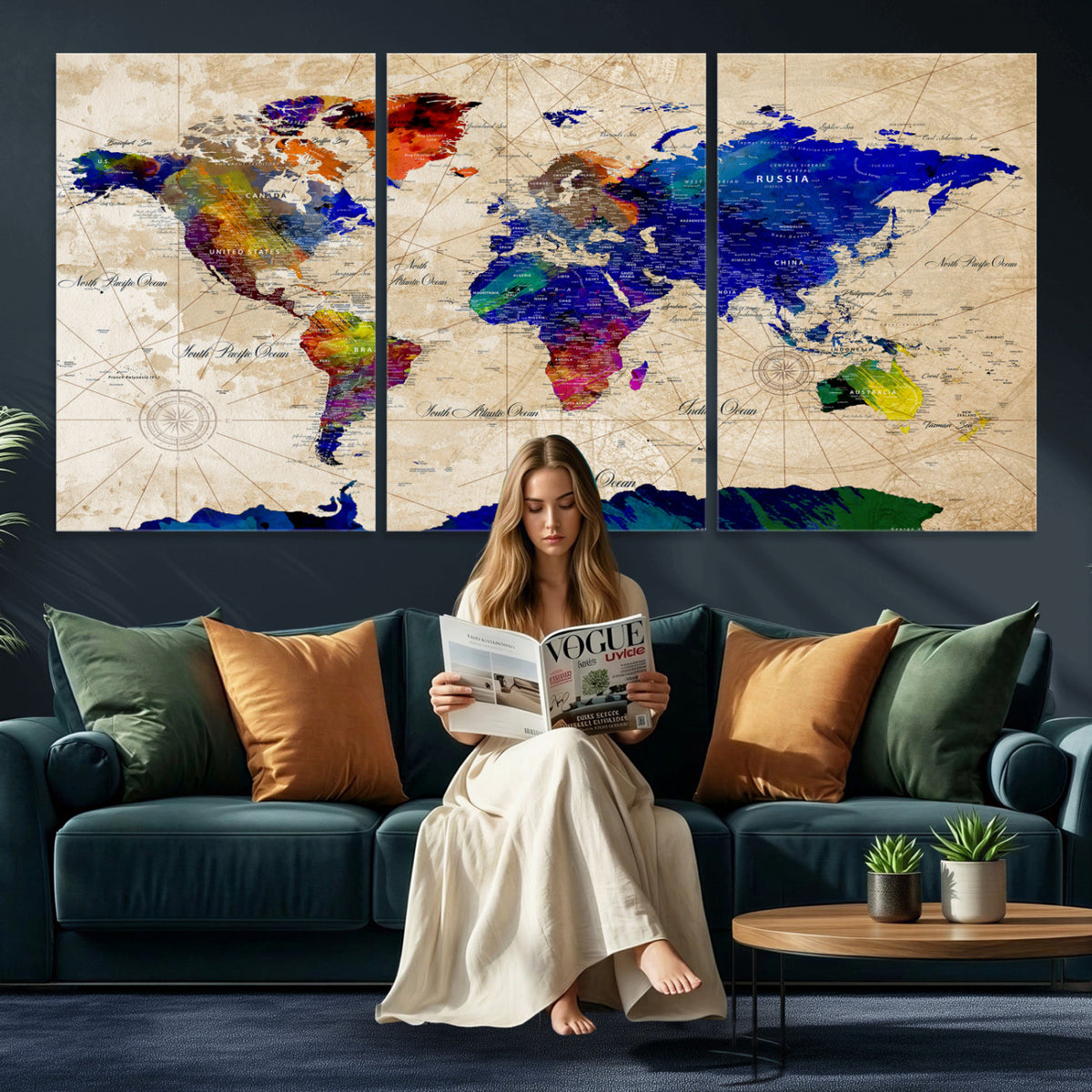 26284075-MGV-CV-36X24 - World Map Wall Art Canvas Print, Modern Decorative Framed Map Artwork Prints for Living Room, Office, Bedroom Wall Decor