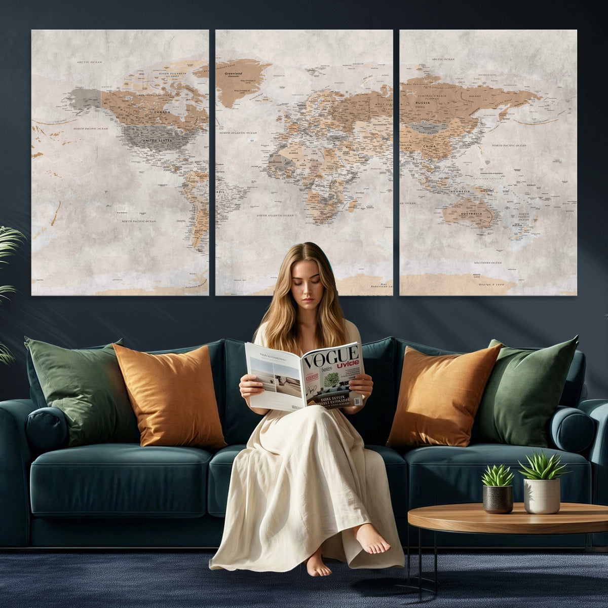 34051638-MGV-CV-36X24 - Detailed World Map Wall Art Canvas Print for Home and Office Decor
