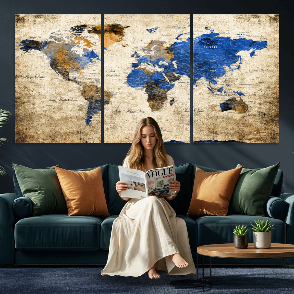 27314341-MGV-CV-36X24 - World Map Wall Art Canvas Print, Modern Decorative Framed Map Artwork Prints for Living Room, Office, Bedroom Wall Decor