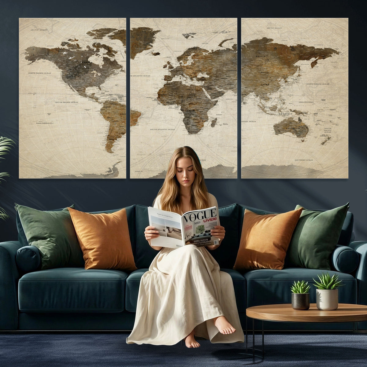 49623468-MGV-CV-36X24 - World Map Wall Art Canvas Print, Modern Decorative Framed Map Artwork Prints for Living Room, Office, Bedroom Wall Decor