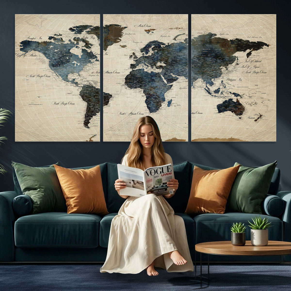 72927803-MGV-CV-36X24 - World Map Wall Art Canvas Print, Modern Decorative Framed Map Artwork Prints for Living Room, Office, Bedroom Wall Decor
