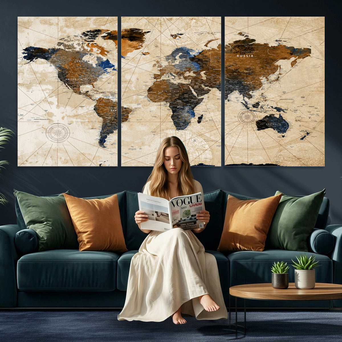 15727090-MGV-CV-36X24 - World Map Wall Art Canvas Print, Modern Decorative Framed Map Artwork Prints for Living Room, Office, Bedroom Wall Decor