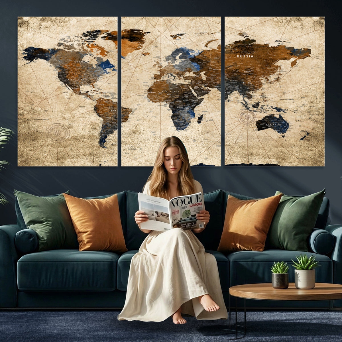27163414-MGV-CV-36X24 - World Map Wall Art – Rustic Earth Tone Canvas Print, Antique