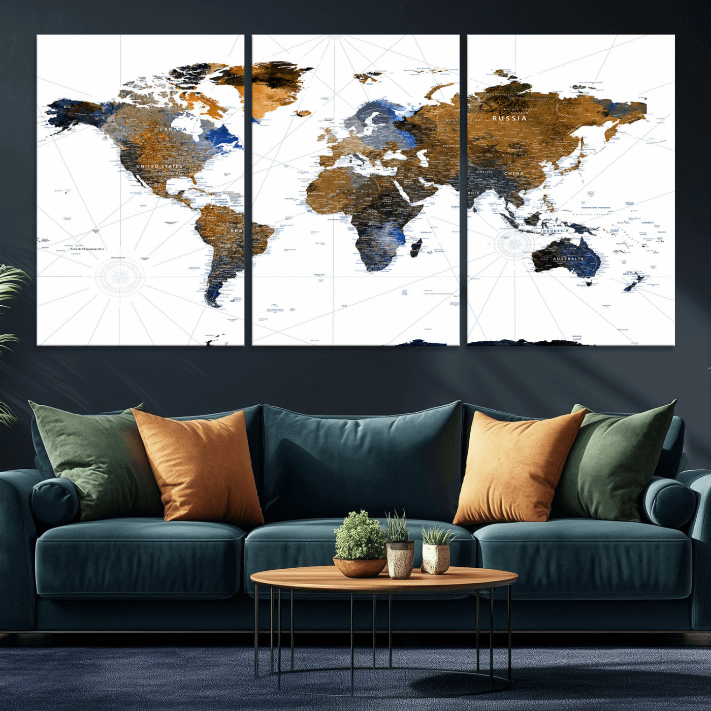 56364879-MGV-CV-36X24 - World Map Wall Art Canvas Print, Modern Decorative Framed Map Artwork Prints for Living Room Decor