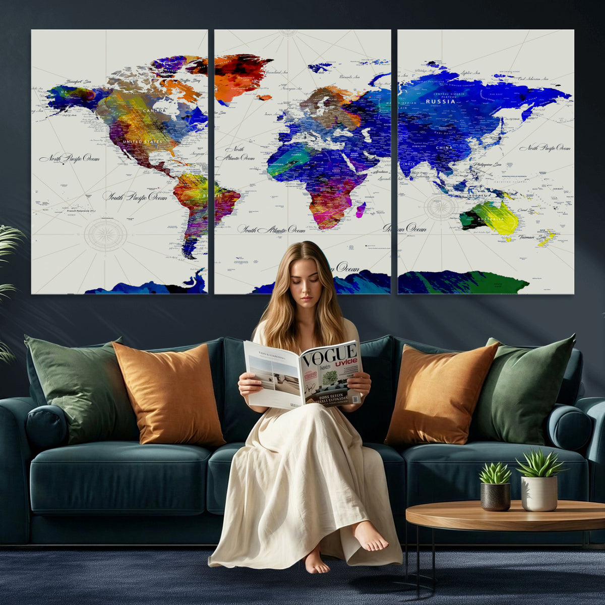 49670038-MGV-CV-36X24 - World Map Wall Art Canvas Print, Modern Decorative Framed Map Artwork Prints for Living Room, Office, Bedroom Wall Decor