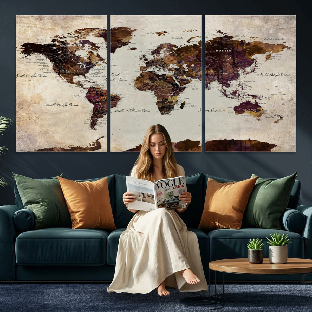 50611123-MGV-CV-36X24 - World Map Canvas Triptych | Colorful Global Wall Art for Living Rooms
