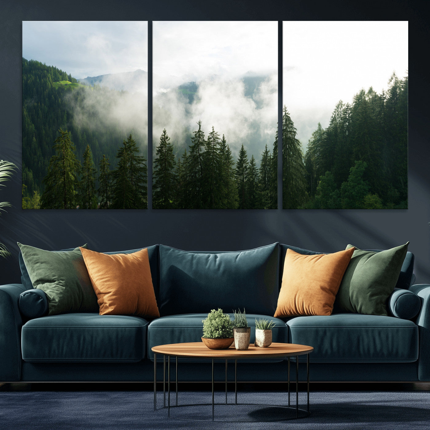 67174129-MGV-CV-36X24 - Misty Mountain Forest Canvas Print, Foggy Pine Trees Nature Wall Art, Framed Canvas Ready to Hang