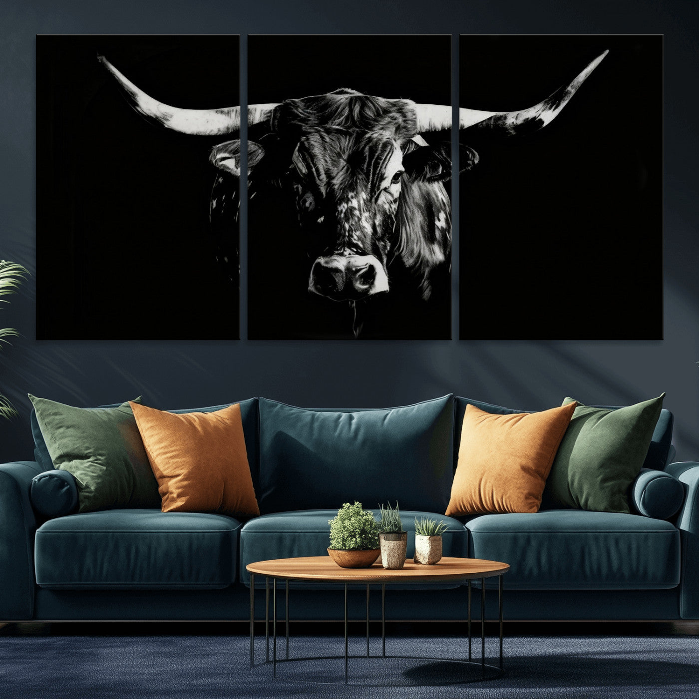 21436434-MGV-CV-36X24 - Black Bull Wall Art Canvas Print, Dark Longhorn Portrait Photography, Framed Wall Art Ready to Hang