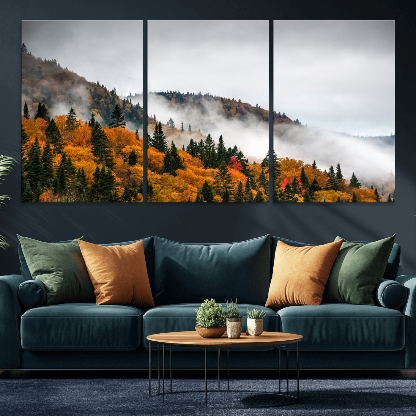 93581632-MGV-CV-36X24 - Autumn Forest Wall Art Canvas Print, Foggy Mountain Landscape Nature Photography, Framed Wall Art Ready to Hang