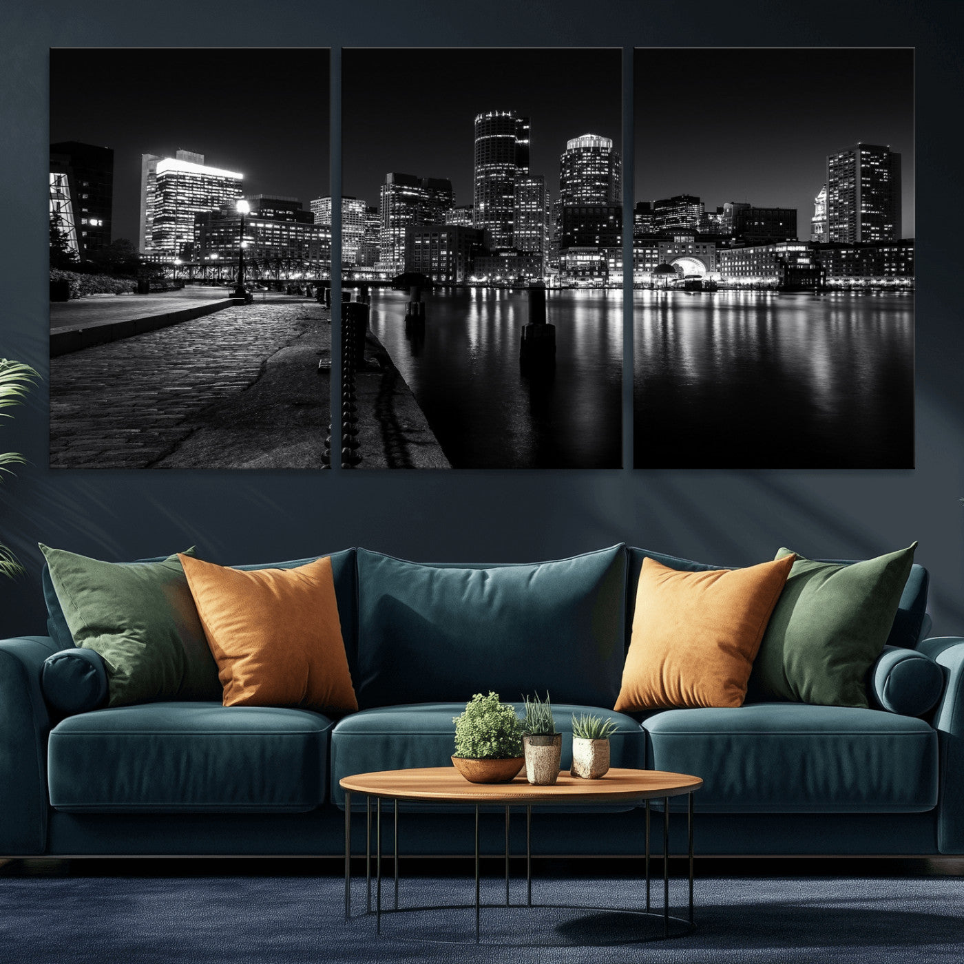 53082656-MGV-CV-36X24 - Boston Wall Art Canvas Print, Boston City Downtown Night Cityscape Print for Modern Urban Wall Decor