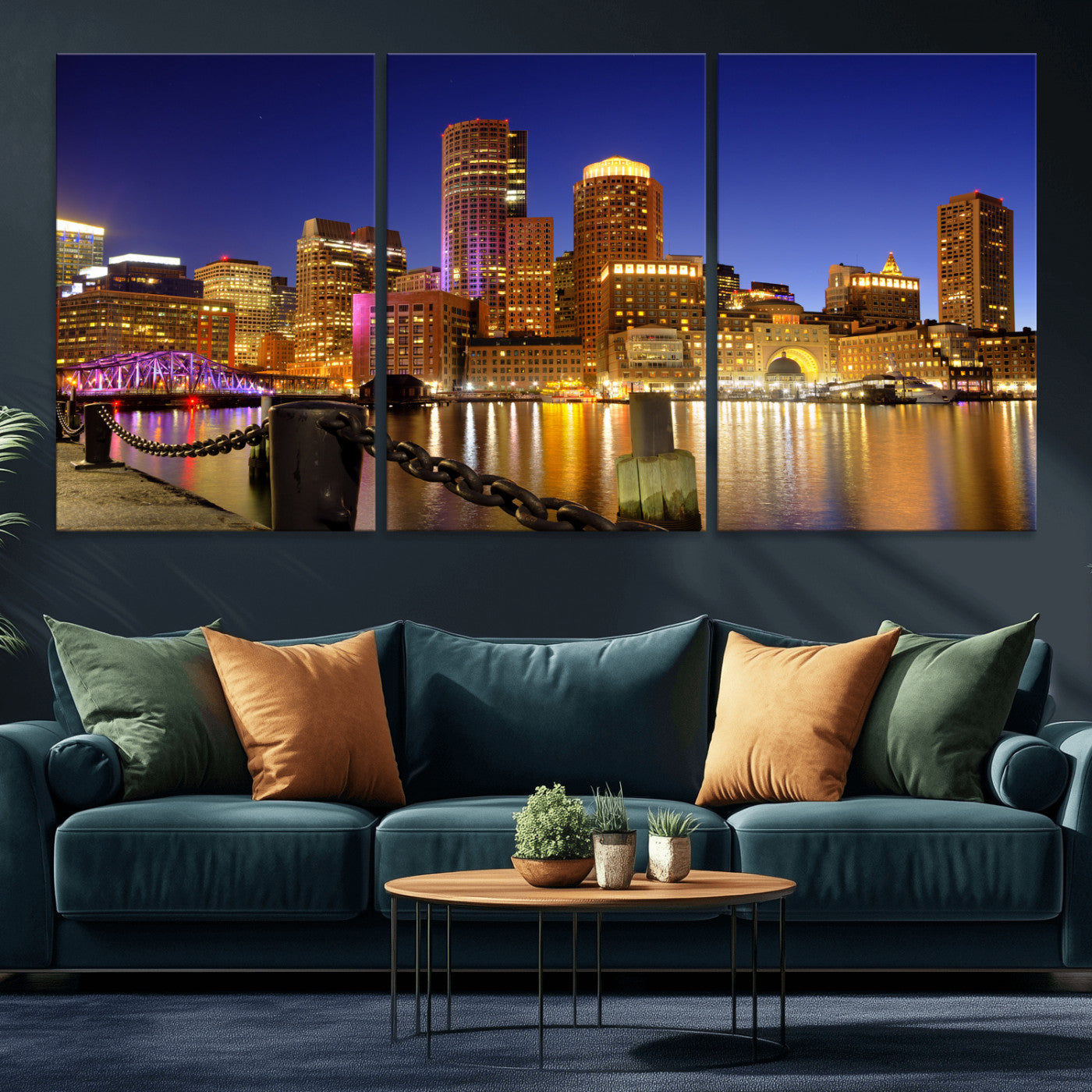 56611117-MGV-CV-36X24 - Boston Wall Art Canvas Print, Boston City Downtown Night Cityscape Print for Modern Urban Wall Decor
