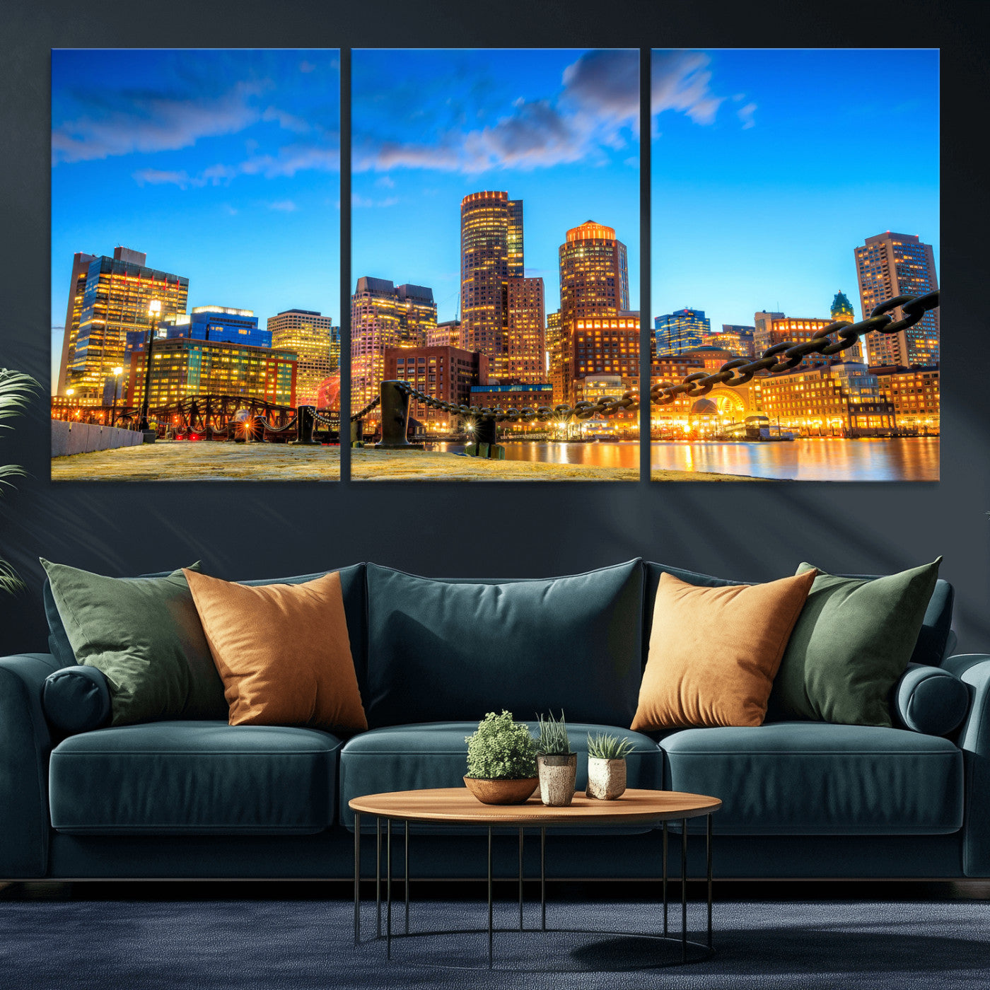 46736409-MGV-CV-36X24 - Boston Wall Art Canvas Print, Boston City Downtown Night Cityscape Print for Modern Urban Wall Decor