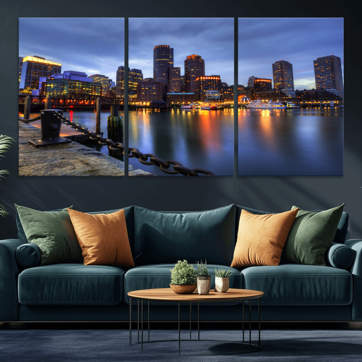 82439622-MGV-CV-36X24 - Boston Wall Art Canvas Print, Boston City Downtown Night Cityscape Print for Modern Urban Wall Decor