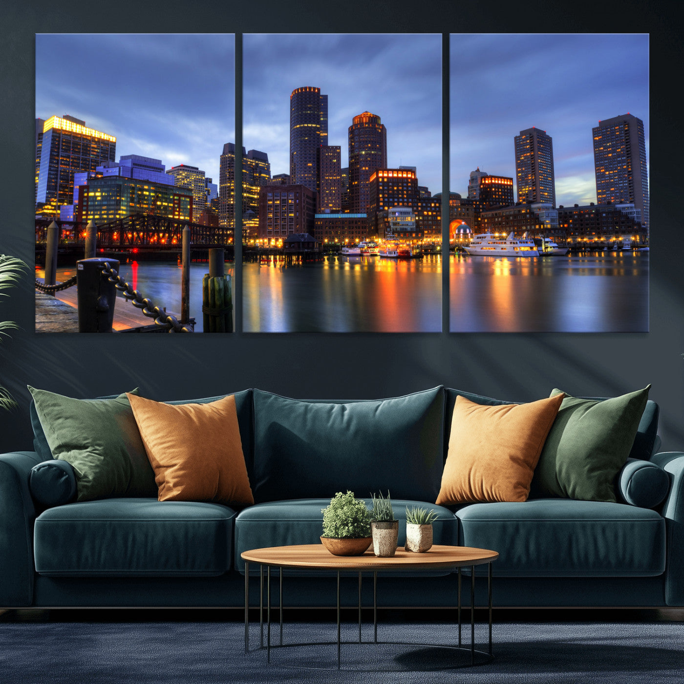 74951698-MGV-CV-60X30-3P - Boston Wall Art Canvas Print, Boston City Downtown Night Cityscape Print for Modern Urban Wall Decor