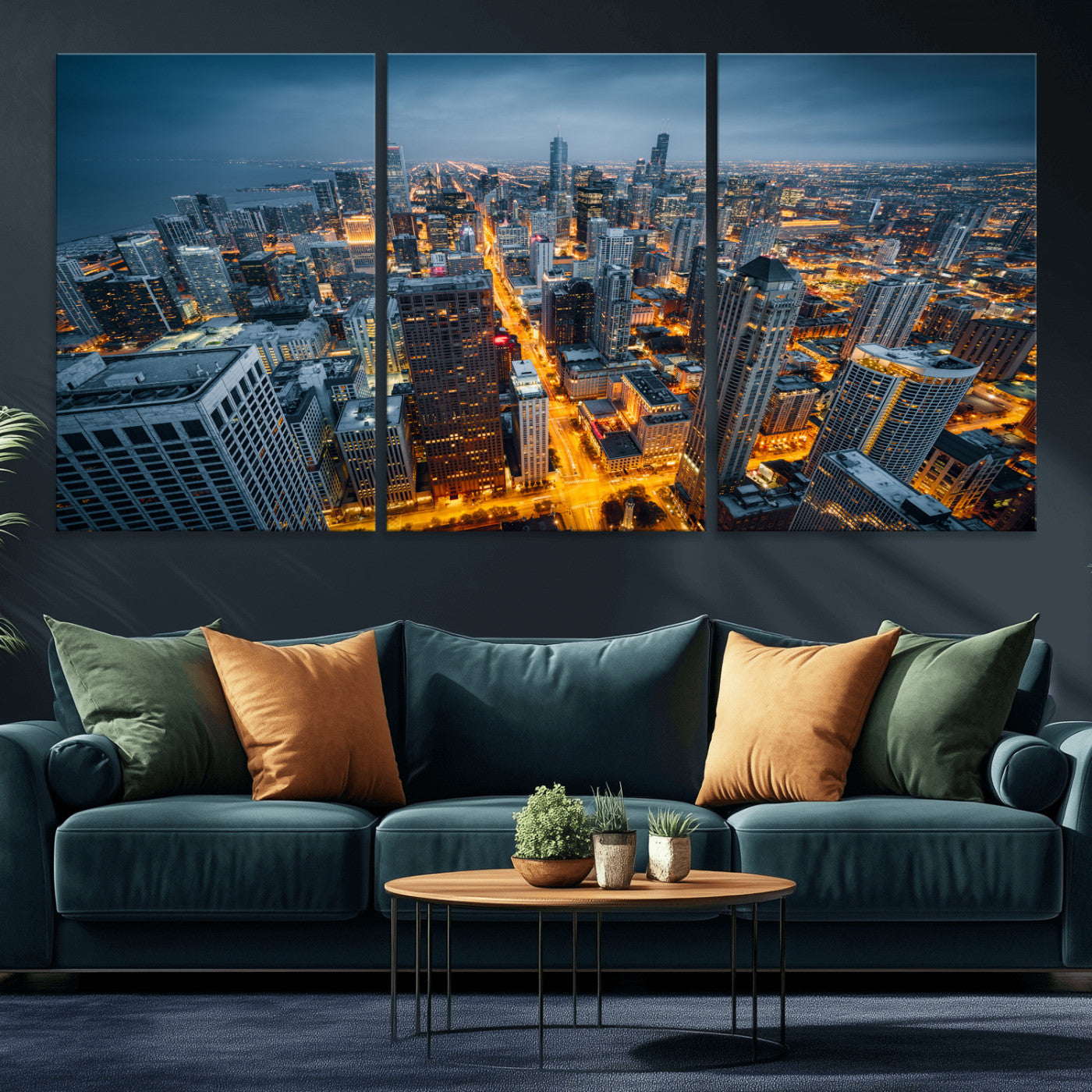 81742538-MGV-CV-36X24 - Chicago Wall Art Canvas Print, Chicago City Downtown Night Cityscape Print for Modern Urban Wall Decor