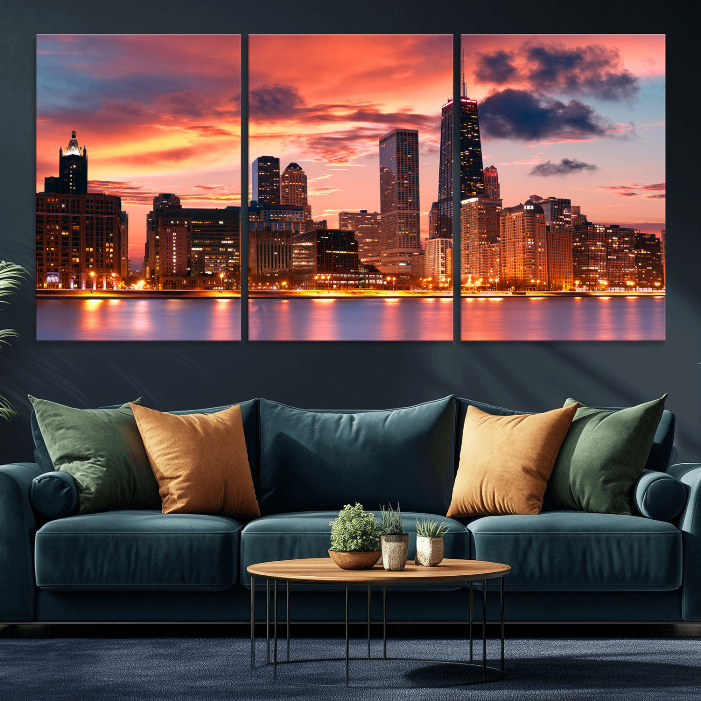 80390109-MGV-CV-36X24 - Chicago Wall Art Canvas Print, Chicago City Downtown Night Cityscape Print for Modern Urban Wall Decor