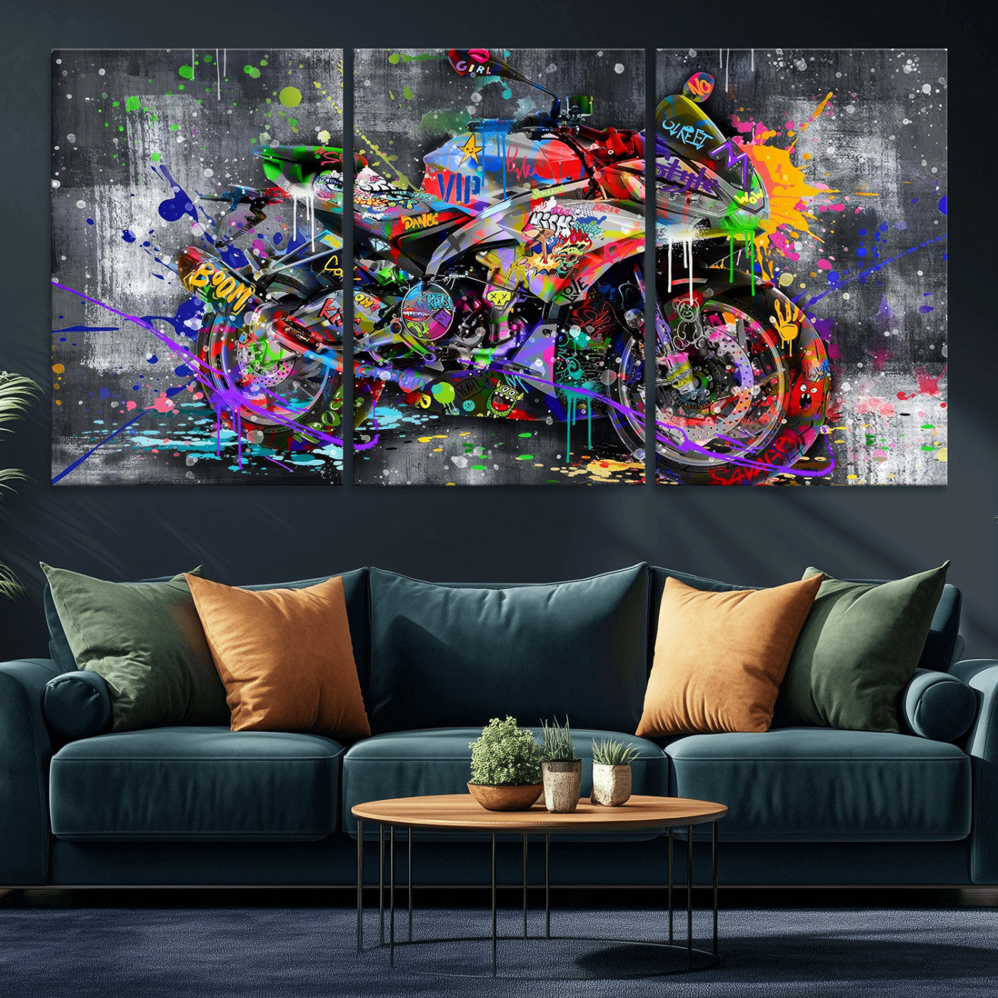 83021767-MGV-CV-36X24 - Graffiti Motorcycle Wall Art Canvas Print, Urban Street Art Motorbike Decor, Colorful Graffiti Sports Bike Artwork