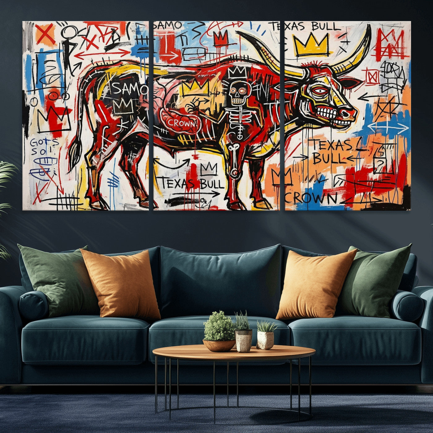 89504579-MGV-CV-36X24 - TITLE: Texas Bull Wall Art Canvas Print, Abstract Graffiti Bull Painting, Western Animal Art, Modern Ranch Decor