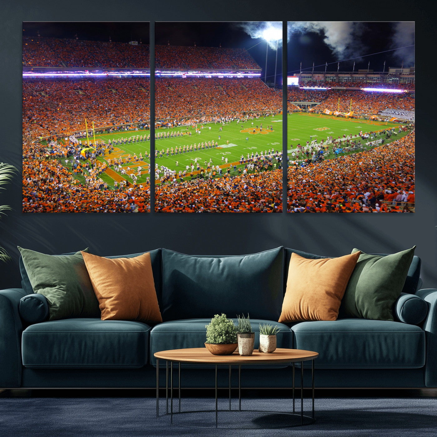 43662631-MGV-CV-36X24 - Clemson Football Stadium Wall Art Canvas Print, College Football Crowd Night Game Scene, Orange Stadium Panorama Wall Decor