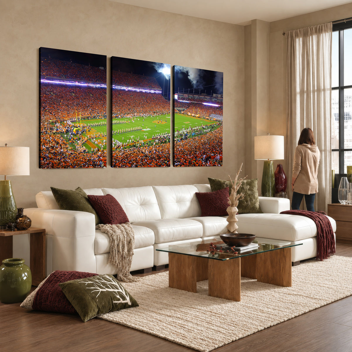 43662631-MGV-CV-36X24 - Clemson Football Stadium Wall Art Canvas Print, College Football Crowd Night Game Scene, Orange Stadium Panorama Wall Decor