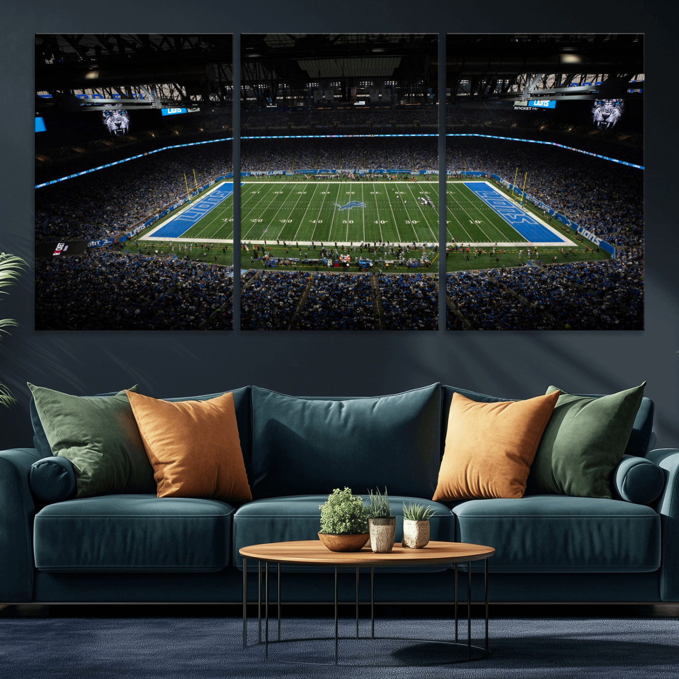 16709602-MGV-CV-36X24 - Detroit Lions Stadium Wall Art Canvas Print, Football Field Panorama Artwork, NFL Game Night Stadium Decor