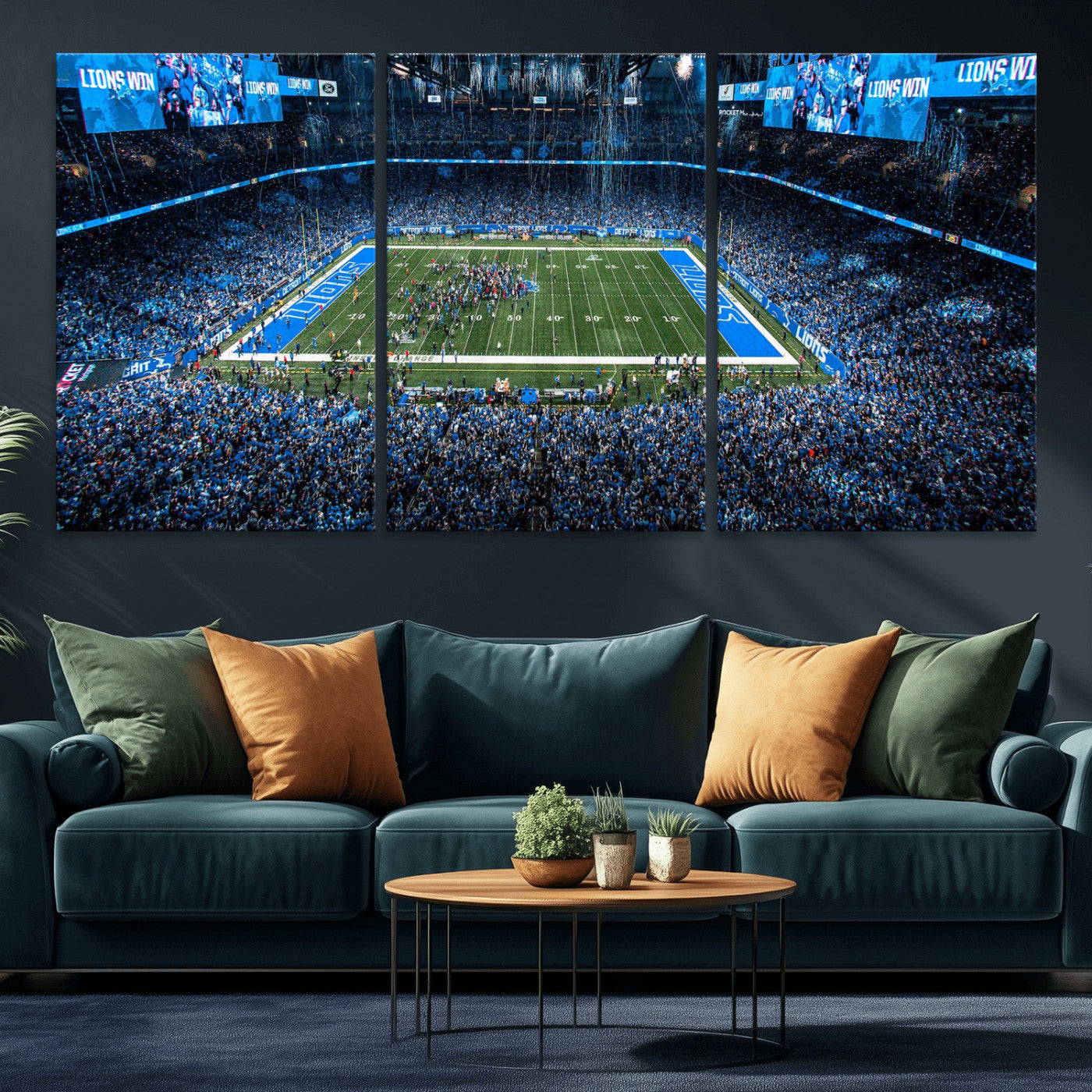 80882005-MGV-CV-36X24 - Detroit Lions Stadium Wall Art Canvas Print, Football Field Panorama Artwork, NFL Game Night Stadium Decor
