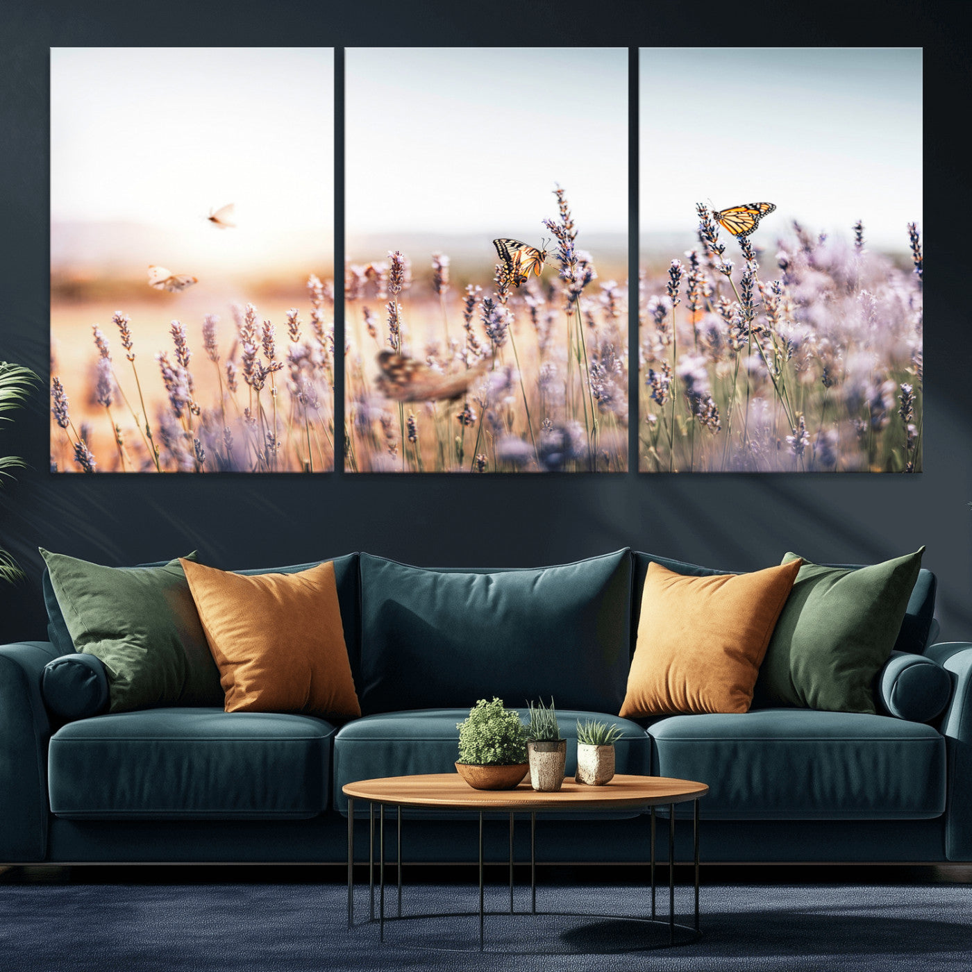 46417478-MGV-CV-36X24 - Lavender Field Wall Art Canvas Print, Butterfly Floral Landscape Art, Soft Nature Wall Decor for Bedroom
