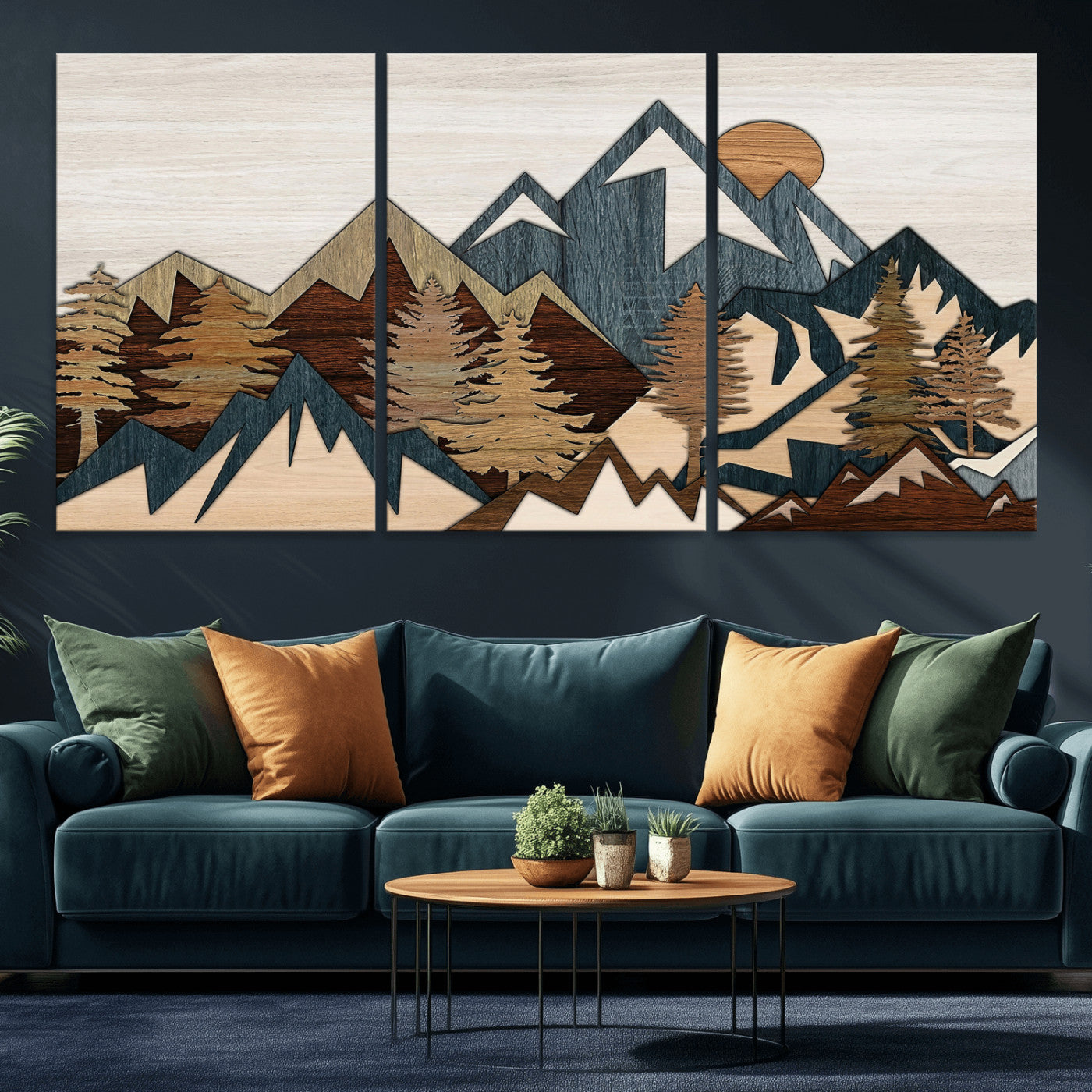 61833055-MGV-CV-36X24 - Mountain Forest Wall Art Canvas Print, Layered Wood Landscape Artwork, Rustic Nature Wall Decor for Living Room