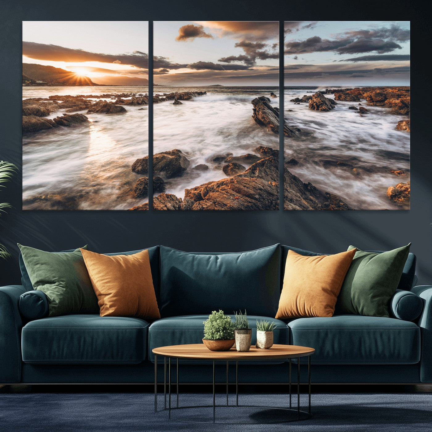 66746024-MGV-CV-36X24 - Rocky Coast Ocean Sunset Wall Art Canvas Print, Dramatic Seascape Nature Wall Decor for Living Room and Office