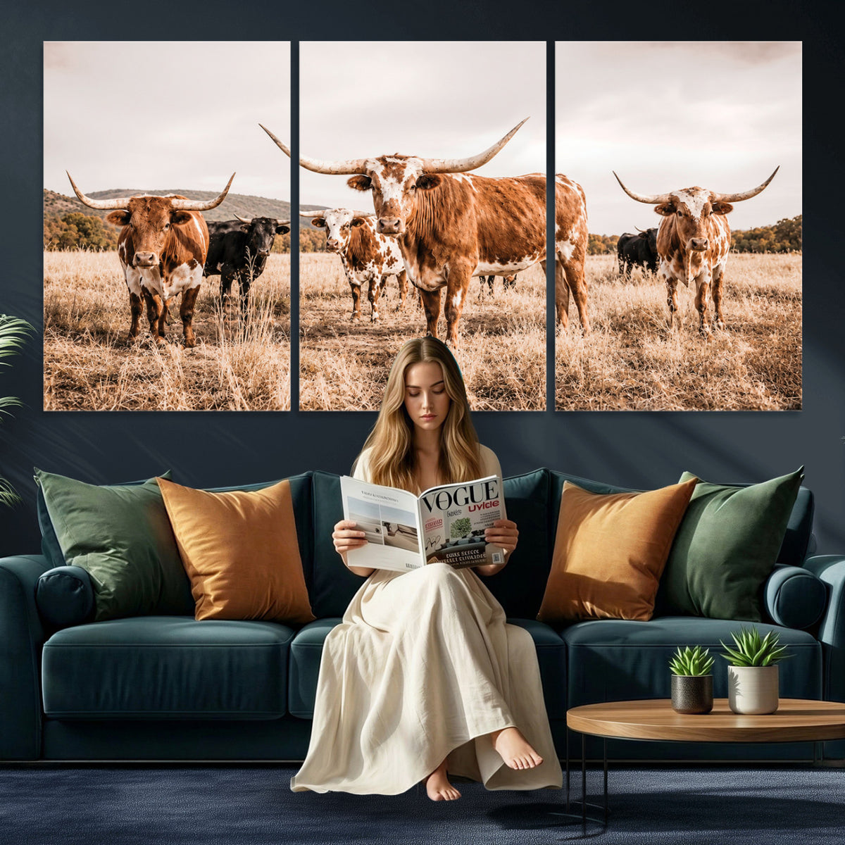 27539727-MGV-CV-36X24 - Texas Longhorn Cattle Wall Art Canvas Print, Sepia Western Decor