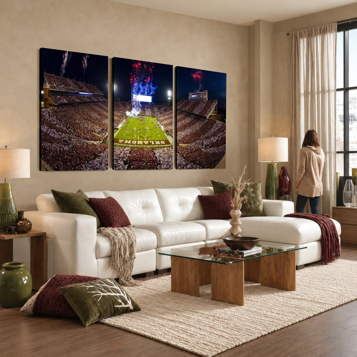 43197777-MGV-CV-36X24 - Oklahoma Memorial Stadium Wall Art Canvas Print – Oklahoma Sooners Football Artwork for Home, Office, and Sports Room Decor