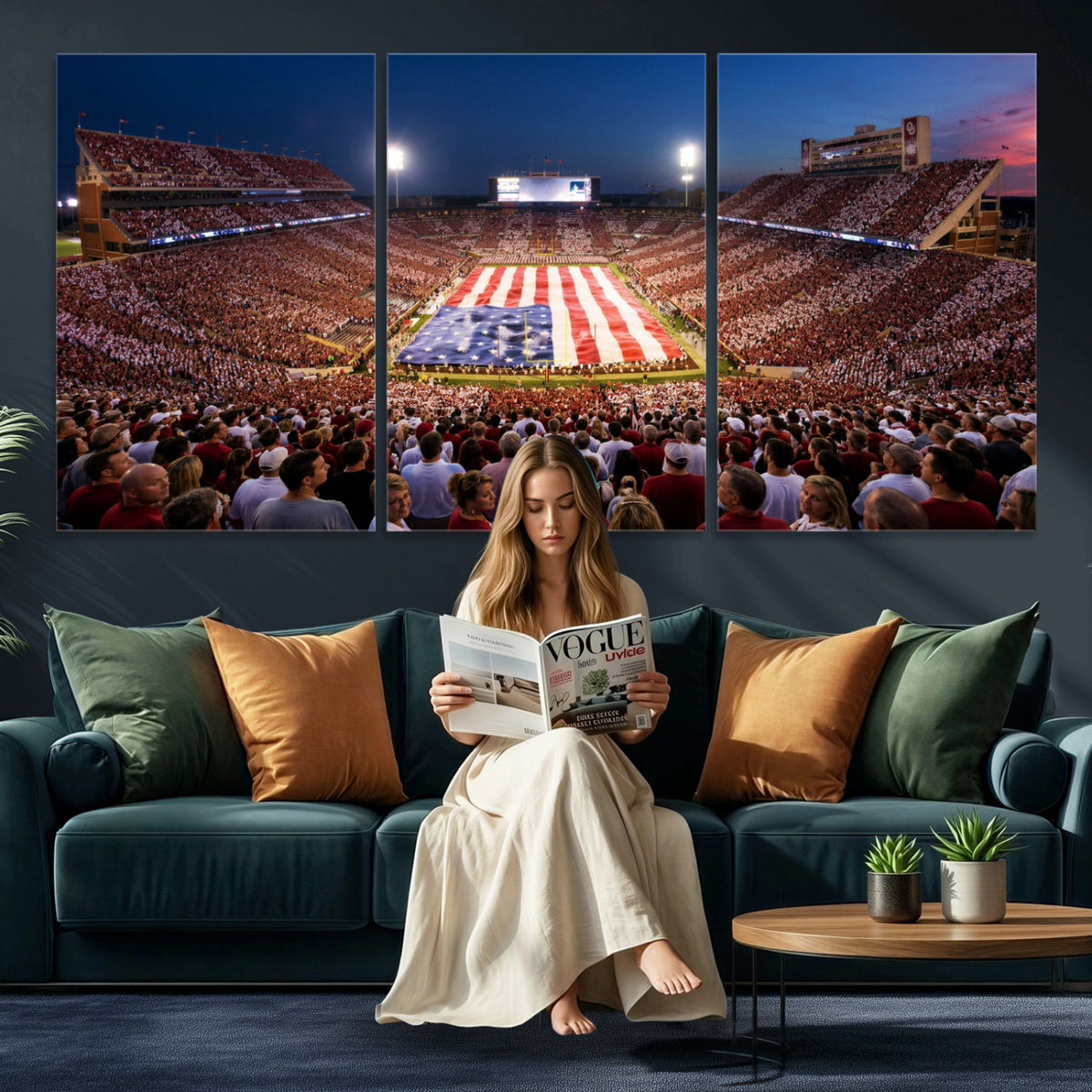 59917418-MGV-CV-36X24 - Oklahoma Memorial Stadium Wall Art Canvas Print – Oklahoma Sooners Football Artwork for Home, Office, and Sports Room Decor
