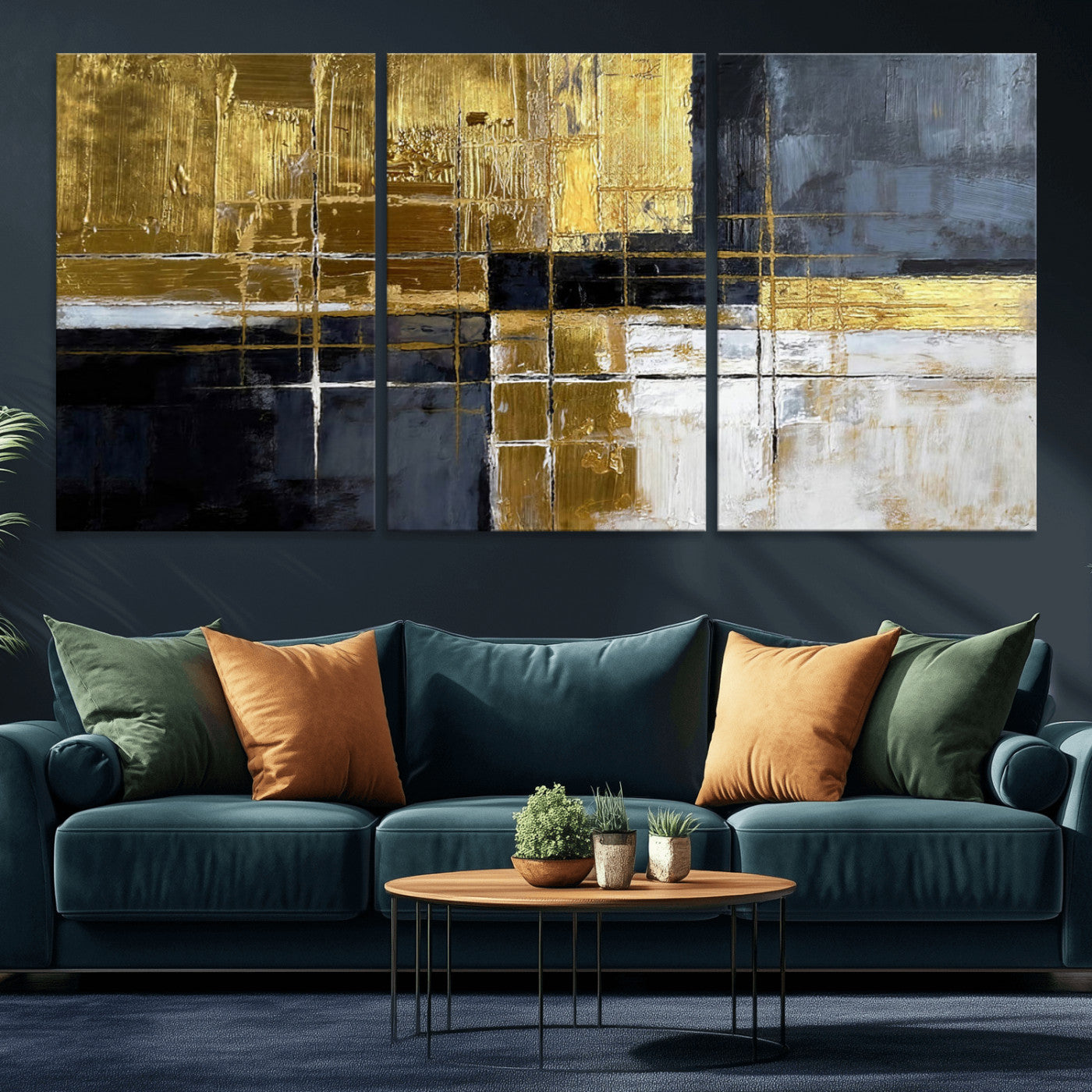 76917030-MGV-CV-36X24 - Gold Navy Abstract Wall Art Canvas Print, Modern Luxury Geometric Painting Wall Decor for Living Room and Office