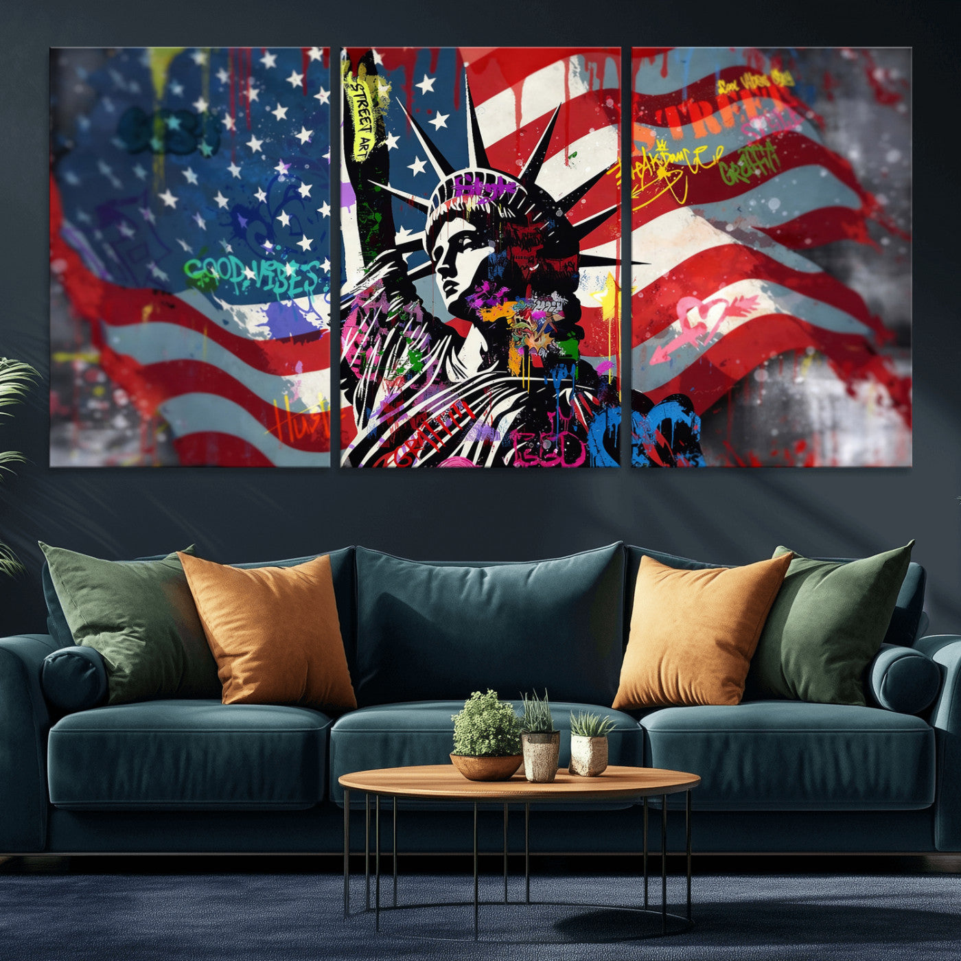 32151941-MGV-CV-36X24 - USA Statue of Liberty Graffiti Street Art Wall Art Canvas Print, American Flag Urban Pop Art Canvas Print, Modern Patriotic Street Art Contemporary Art Printing