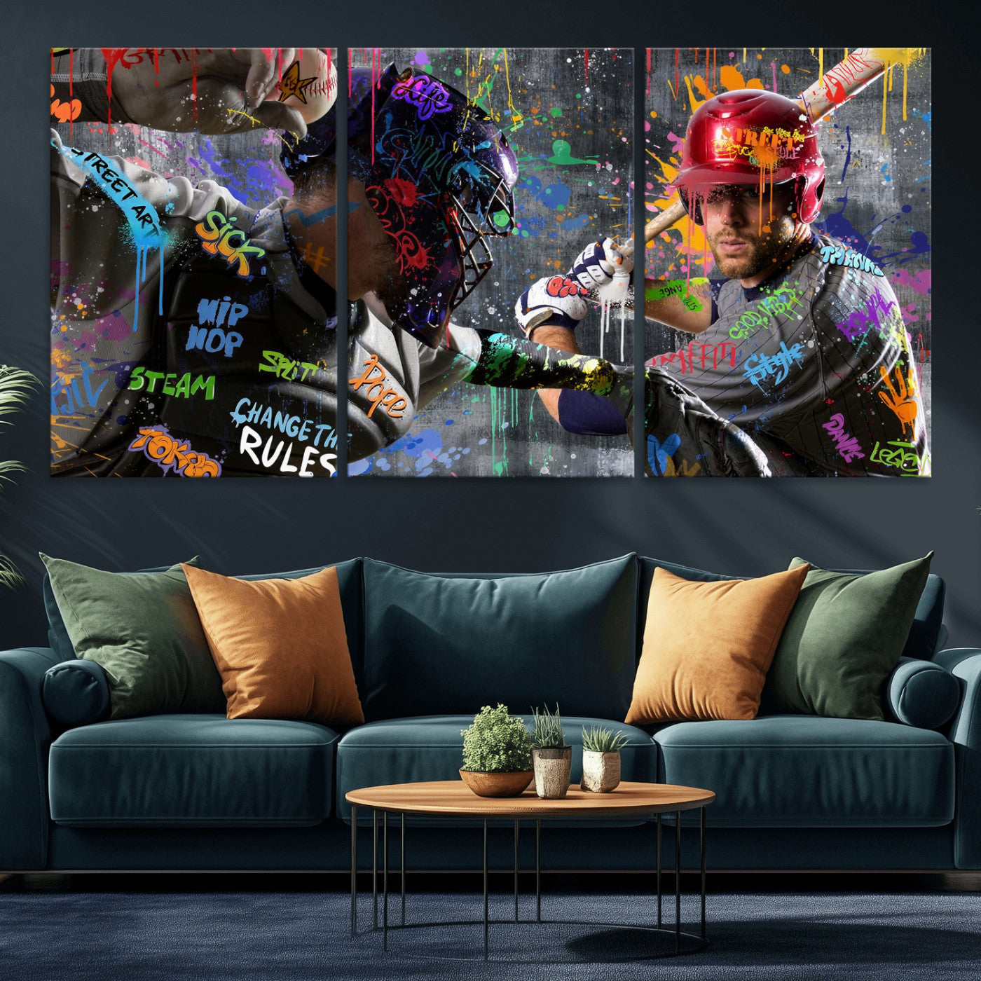 19634994-MGV-CV-36X24 - Graffiti Baseball Player Street Art Wall Art Canvas Print, Urban Sports Pop Art Baseball Canvas Print, Modern Athletic Graffiti Contemporary Art Printing