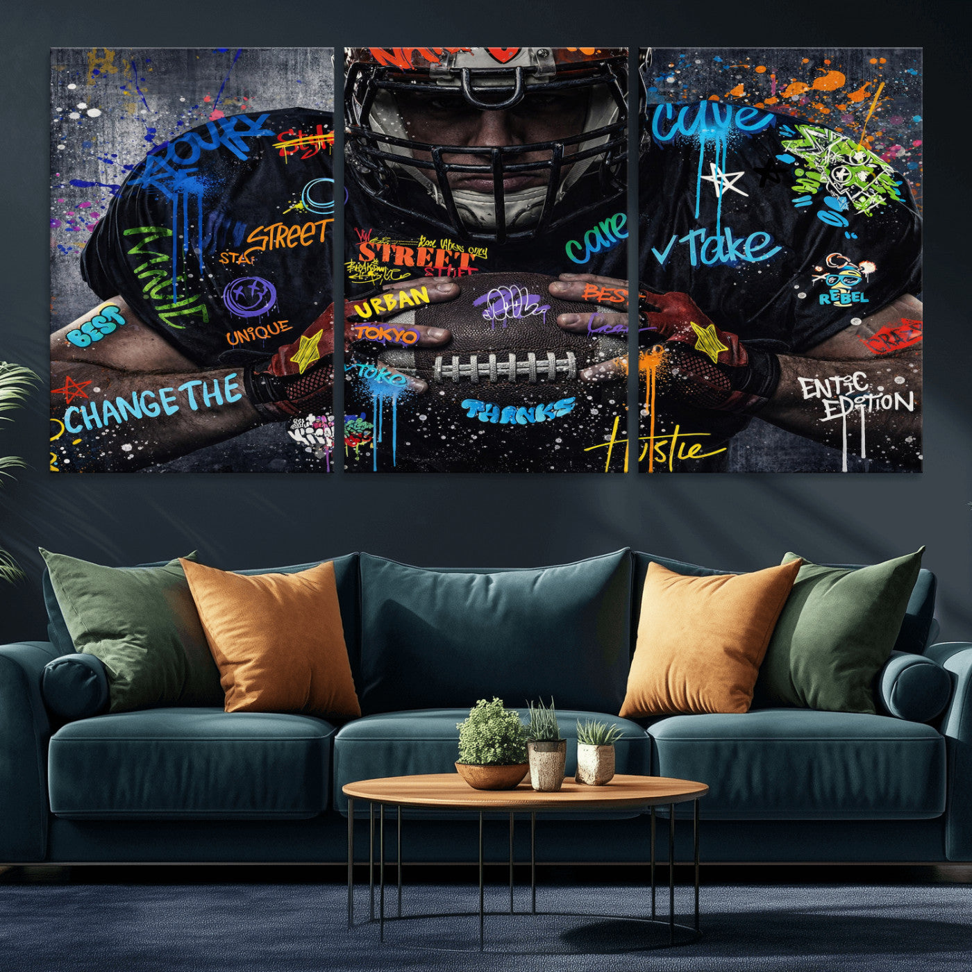 55267256-MGV-CV-36X24 - Graffiti American Football Player Street Art Wall Art Canvas Print, Urban Sports Pop Art Football Canvas Print, Modern Athletic Graffiti Contemporary Art Printing