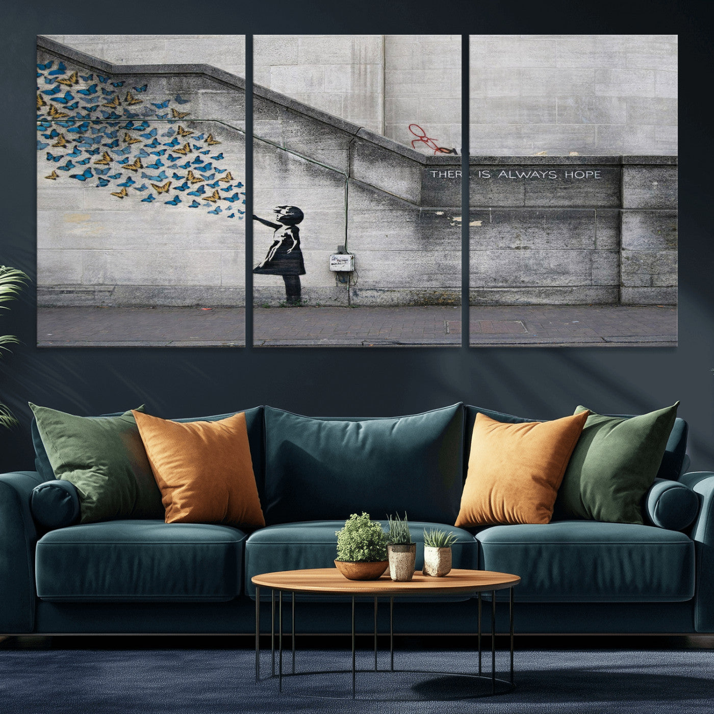 15274223-MGV-CV-36X24 - Banksy Girl with Butterflies Street Art Wall Art Canvas Print, Hope Graffiti Urban Art Canvas Print, Minimalist Inspirational Street Art Contemporary Art Printing