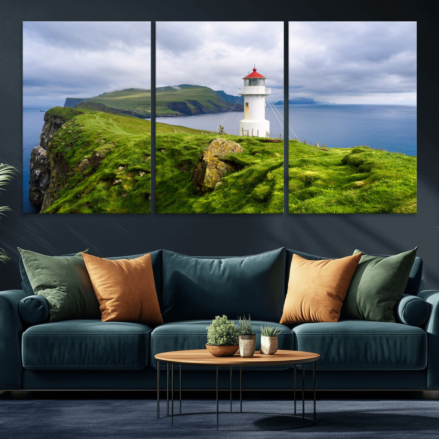 10680390-MGV-CV-36X24 - Coastal Lighthouse Wall Art Canvas Print, Cliffside Ocean Landscape Canvas Print, Scandinavian Coastal Decor for Living Room