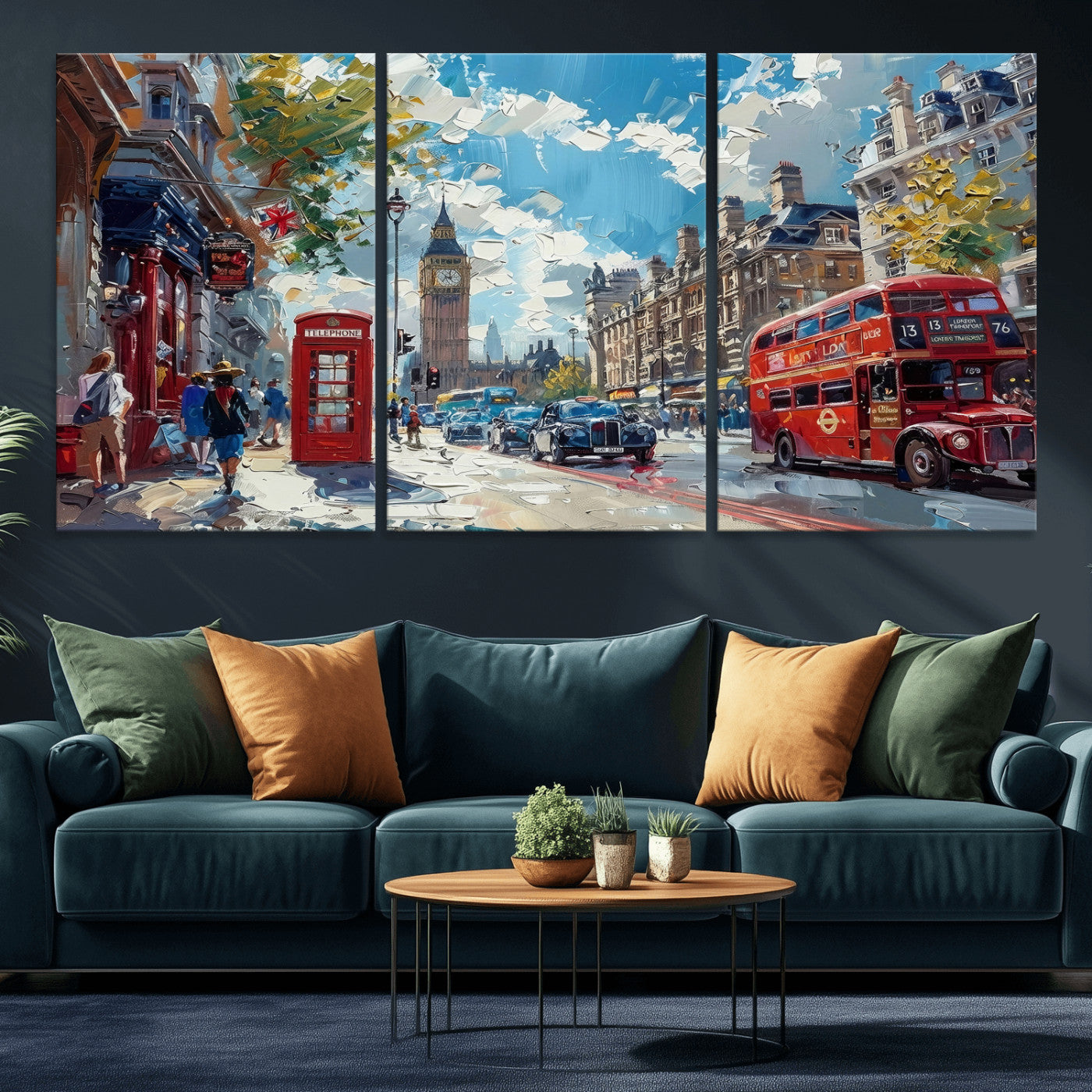 17630888-MGV-CV-36X24 - Modern London City Street Wall Art Canvas Print, Big Ben & Red Bus Artwork Canvas Print