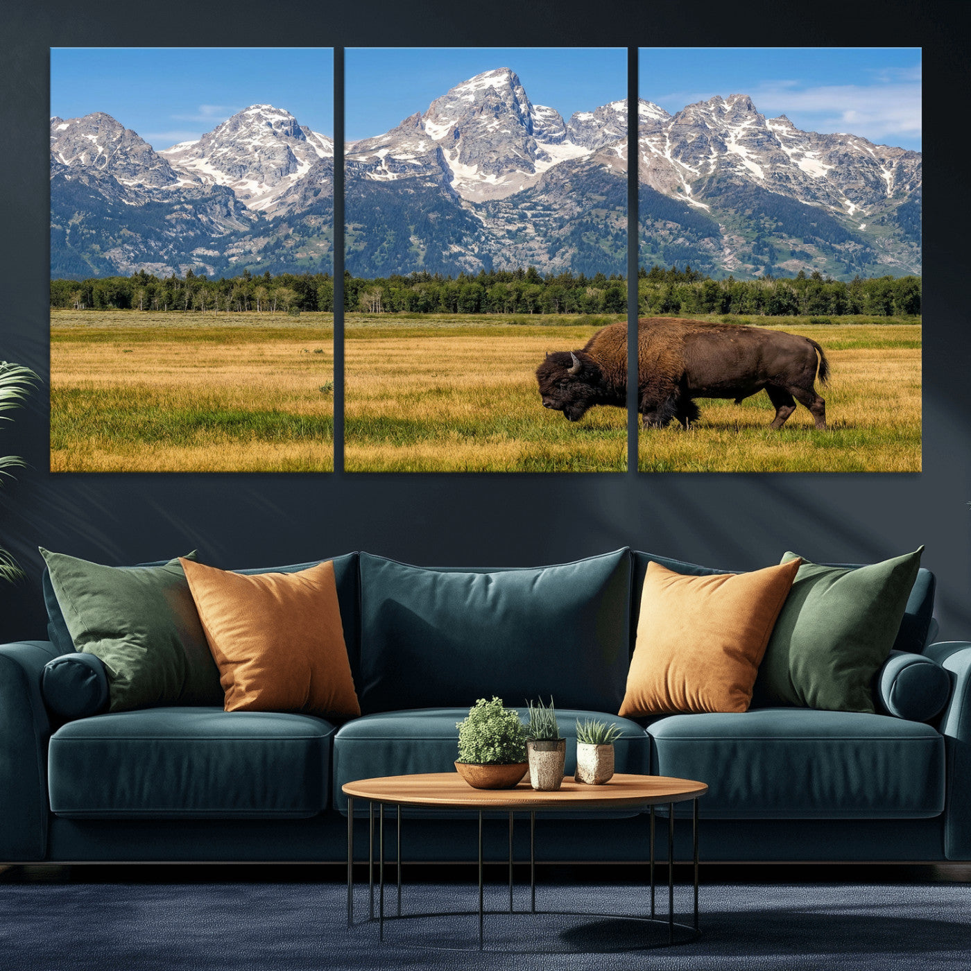 20424529-MGV-CV-36X24 - Bison in Mountain Landscape Wall Art Canvas Print – Western Wildlife Artwork for Rustic Living Room Decor