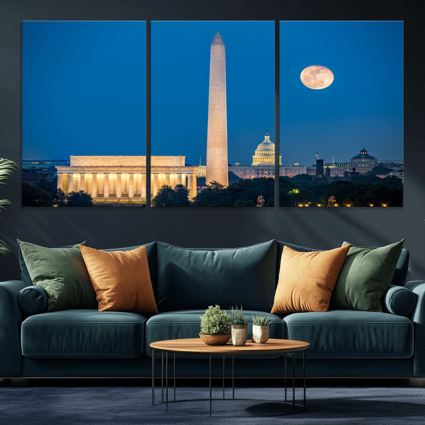 96712946-MGV-CV-36X24 - Washington DC Skyline Wall Art Canvas Print – Lincoln Memorial, Washington Monument and US Capitol Night Cityscape Artwork