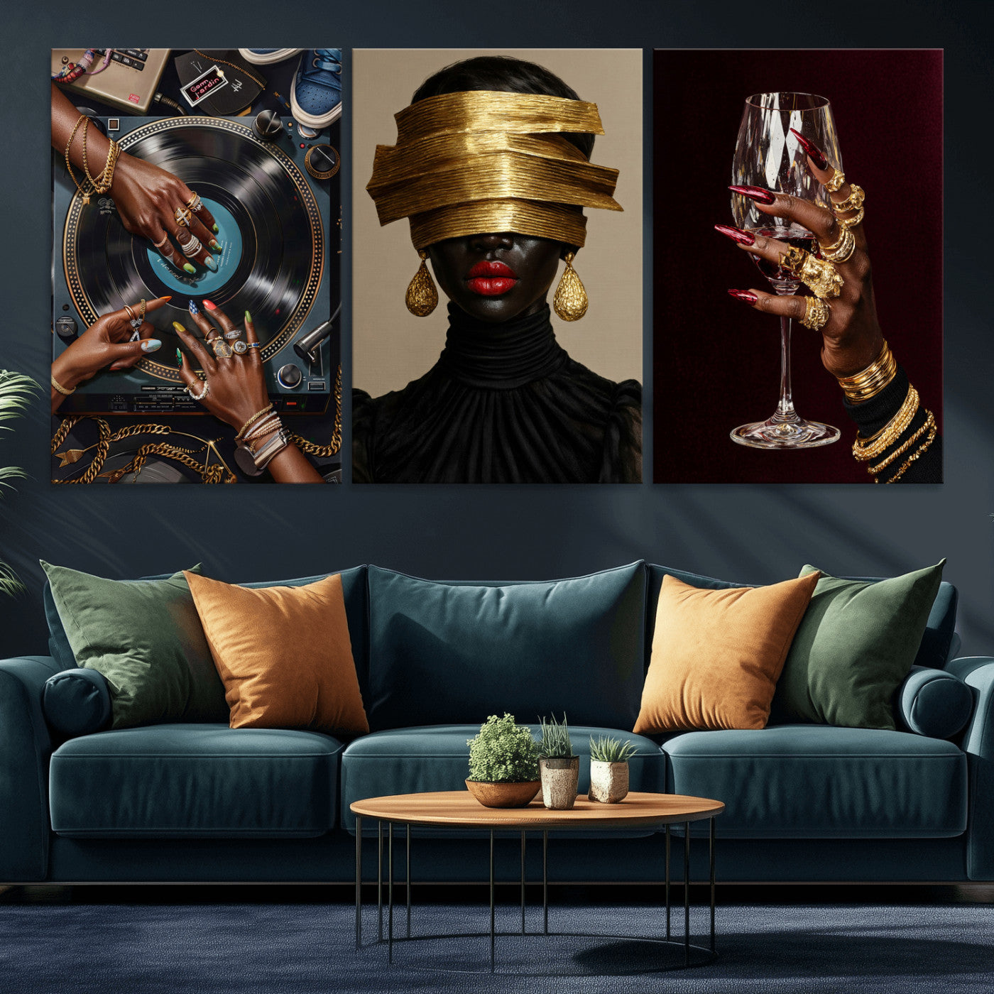 8151788S6-MGV-CV-60X30-3P - Luxury Fashion Wall Art Canvas Print Set of 3, Gold Jewelry Portrait Triptych, Glam Black Woman Modern Artwork