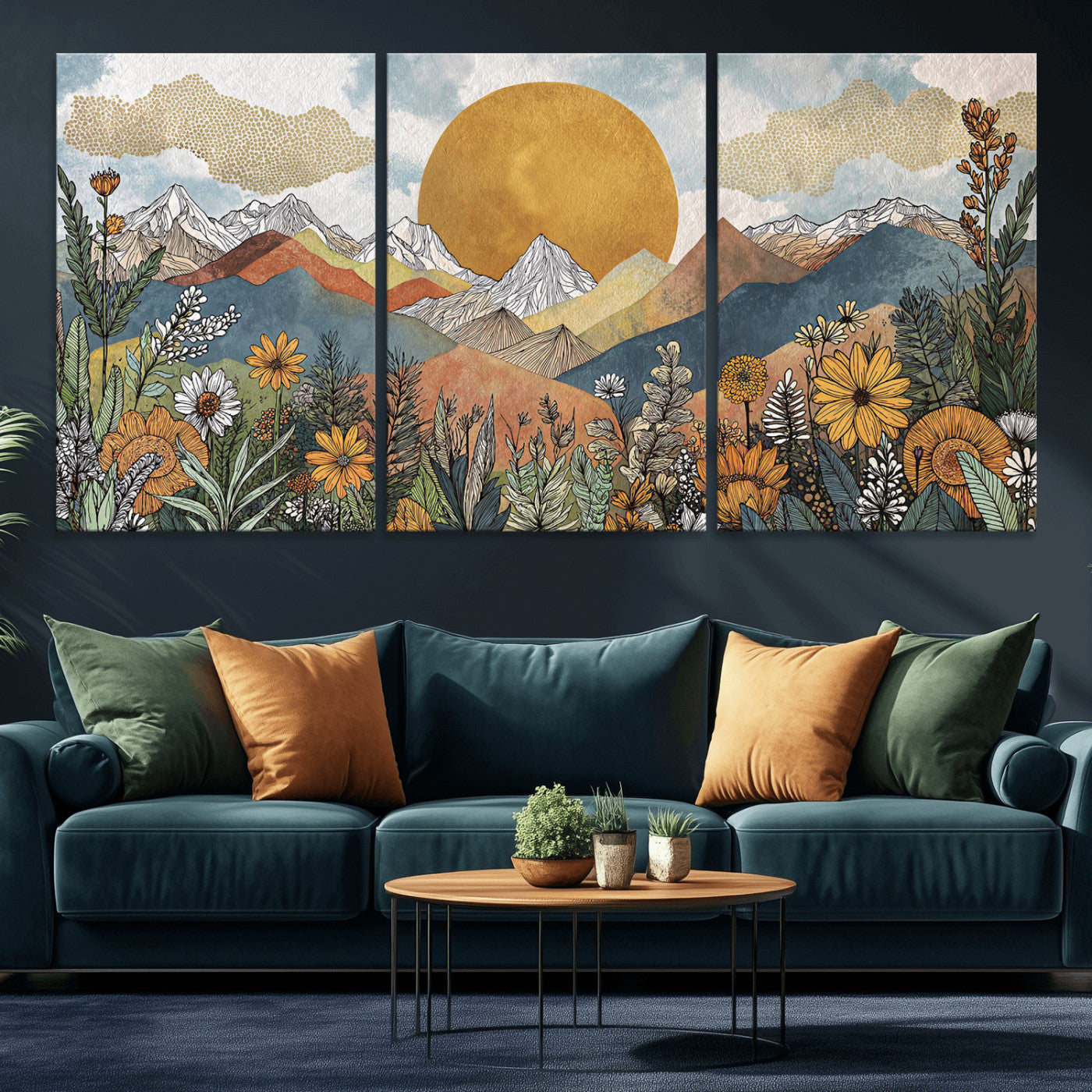 17540863-MGV-CV-36X24 - Boho Mountain Landscape Large Wall Art, Horizontal Gold Framed Canvas Print with Sun and Flowers