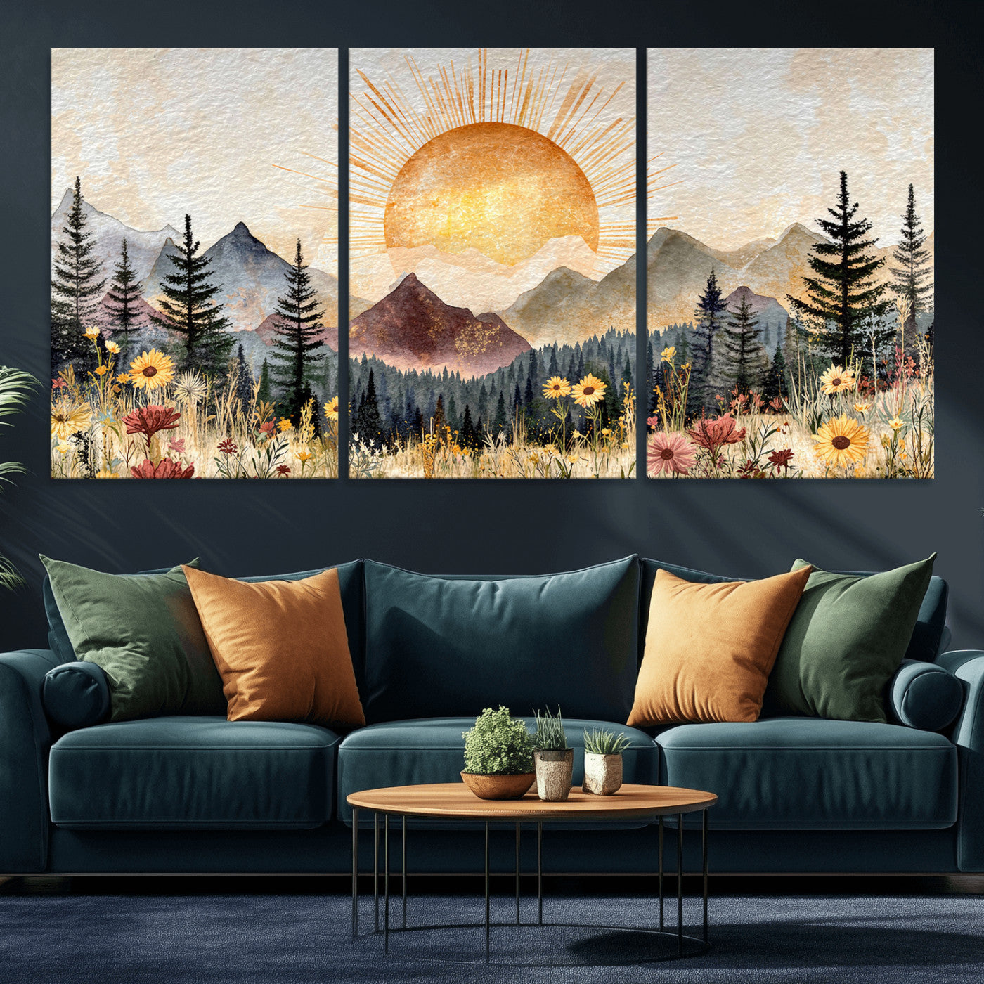 69025244-MGV-CV-36X24 - Boho Mountain Landscape Large Wall Art, Horizontal Gold Framed Canvas Print with Sun and Flowers