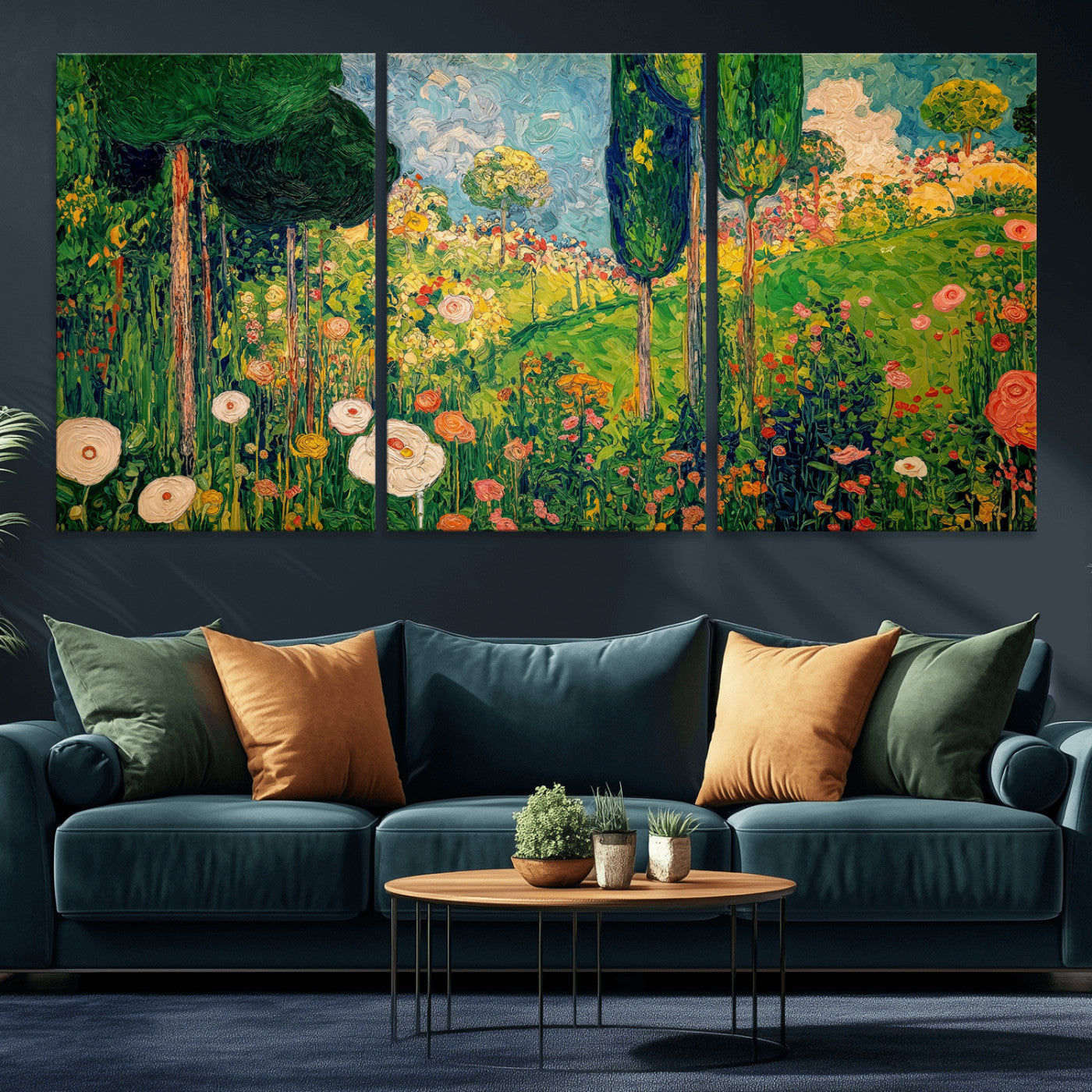 83517974-MGV-CV-36X24 - Gustav Klimt Boho Mountain Landscape Large Wall Art, Horizontal Gold Framed Canvas Print with Sun and Flowers