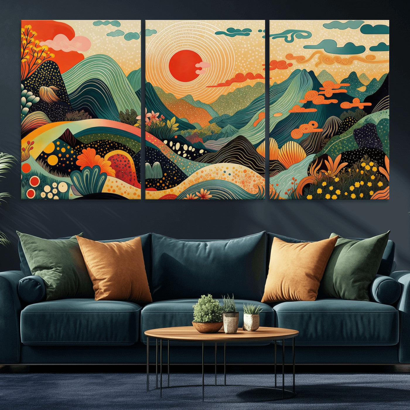 29927191-MGV-CV-36X24 - Yayoi Kusama Boho Mountain Landscape Large Wall Art, Horizontal Gold Framed Canvas Print with Sun and Flowers