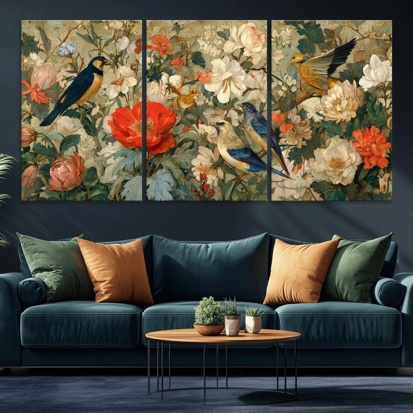 52904757-MGV-CV-36X24 - Vintage Birds and Flowers Wall Art Canvas Print, Botanical Bird Painting Canvas Print, Floral Garden Bird Artwork Canvas Print, Classic Bird Flower Painting Canvas Print
